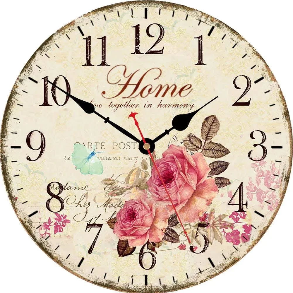 VIKMARI 14 inch Wooden Wall Clock Art Hanging Clocks Silent Non-Ticking Wall Clock Battery Operated Round Home Flowers Style Arabic Numeral