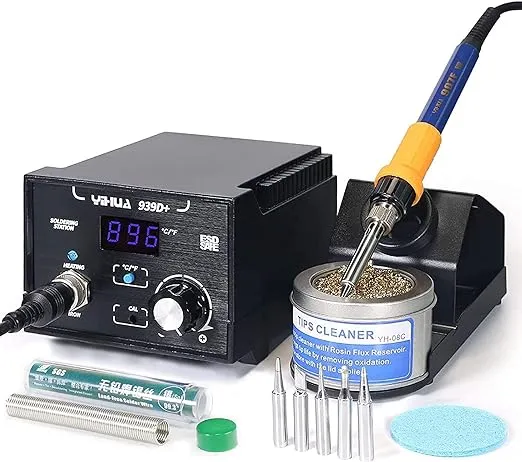 YIHUA 939D+ Digital Soldering Station, 75W Equivalent with Precision Heat Control (392°F to 896°F) and Built-in Transformer. ESD Safe, Lead Free with °C/°F display (Black)