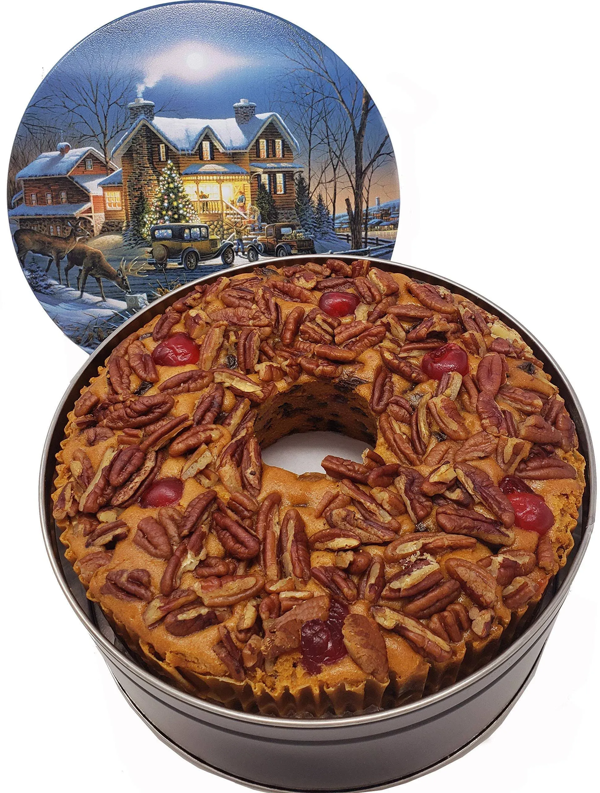 Jane Parker Bourbon & Rum Fruit Cake 48 Ounce Ring in a Collectible Holiday Tin