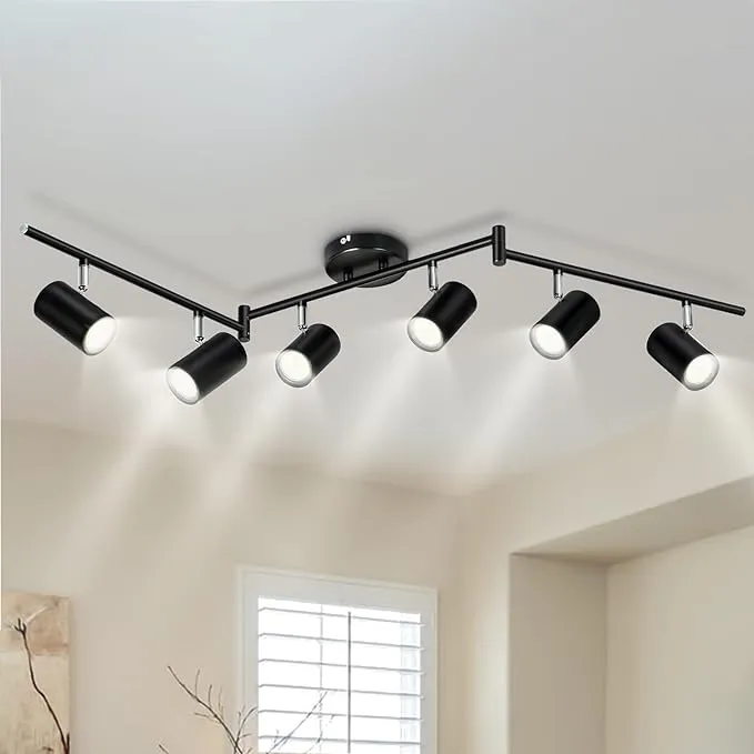 GORDNWE 6 Light Track Lighting Fixtures, Black Ceiling LED Track Lighting Kit with Flexibly Rotatable Track Heads&G10 Socket, Modern Ceiling Spotlight for Kitchen, Office, Closet, Studio, Bedroom