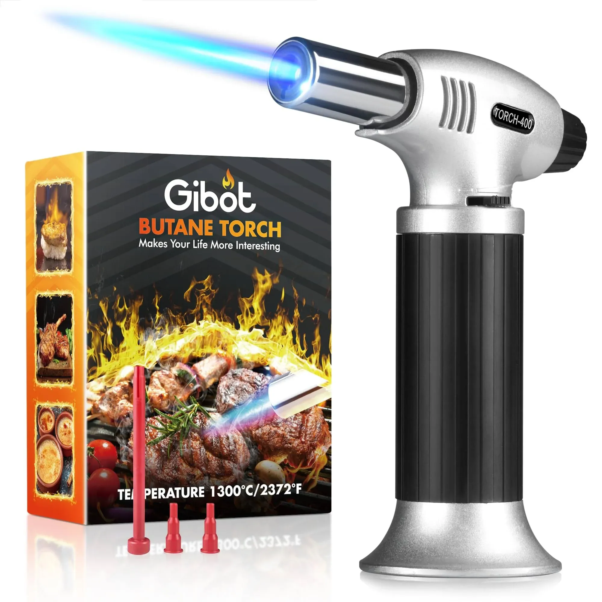 GiBot JX0040 Blow Lighter Kitchen Culinary Chef Cooking Torch Refillable Adjust Creme, Brulee, BBQ and Baking, Butane Gas Not Included,Black, Silver