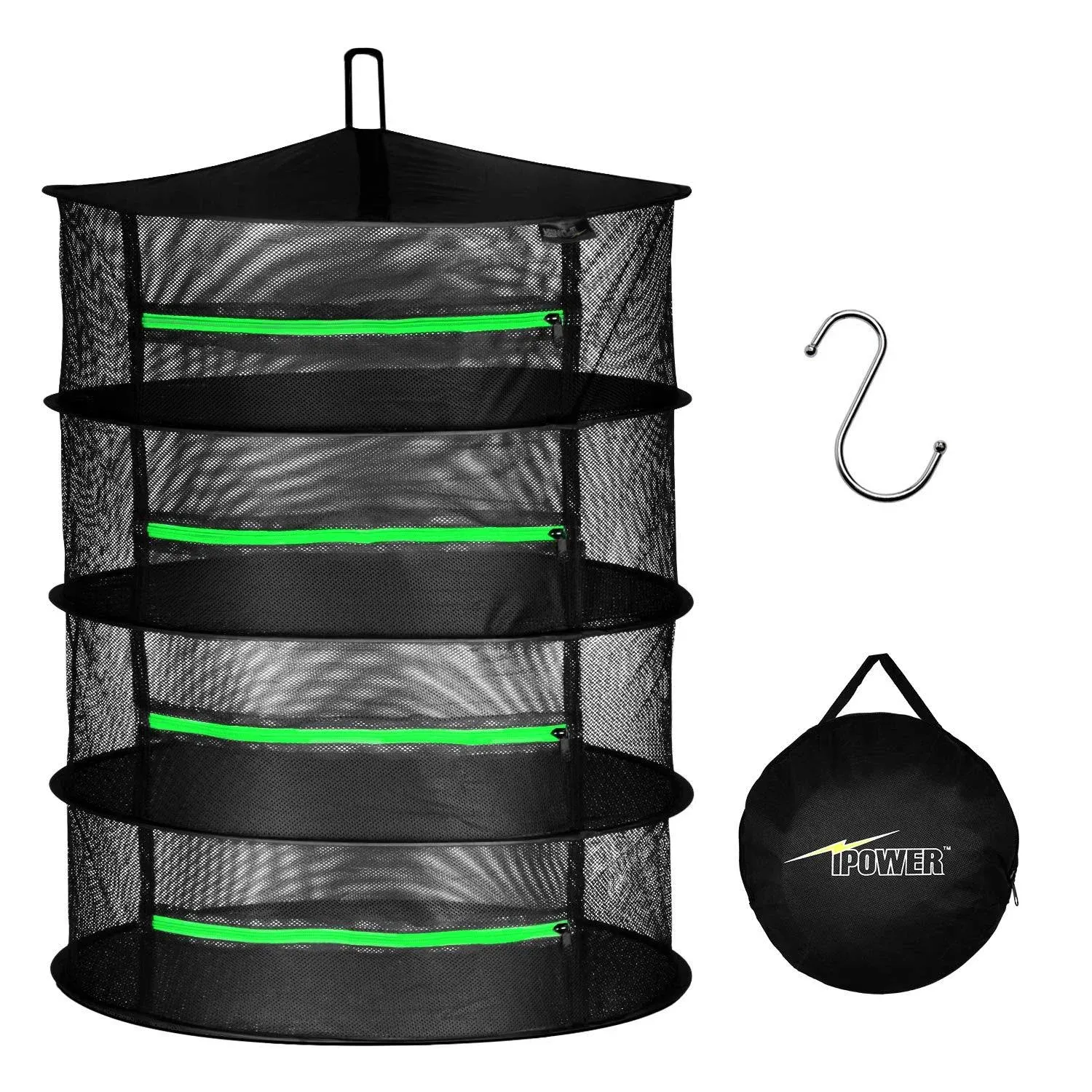 4-Layer 2' Hanging Herb Mesh Rack with Zippers Heavy Duty Ring & Storage Bag & Hook, Foldable, 4L, iPower