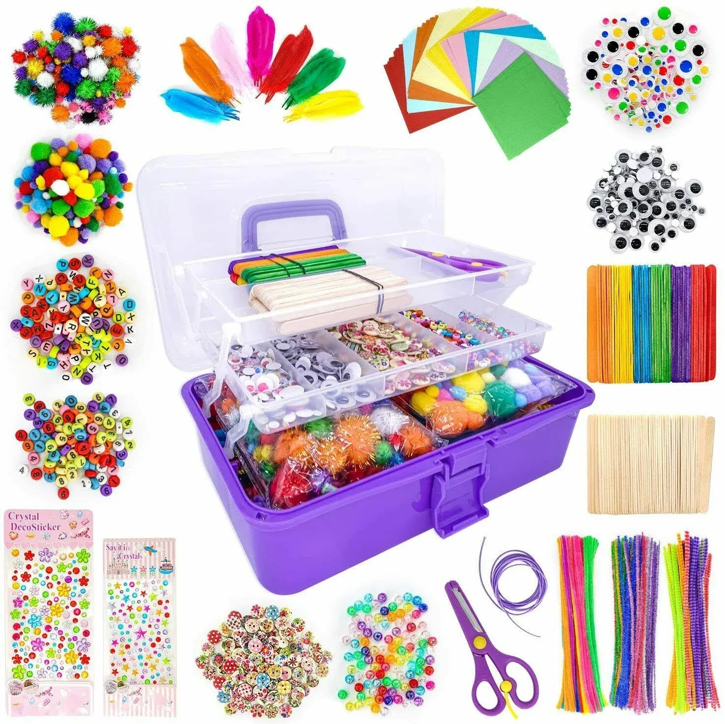 obqo 1405 Pcs Art and Craft Supplies for Kids, Toddler DIY Craft Art Supply Set Included Pipe Cleaners, Pom Poms, Feather, Folding Storage Box - All