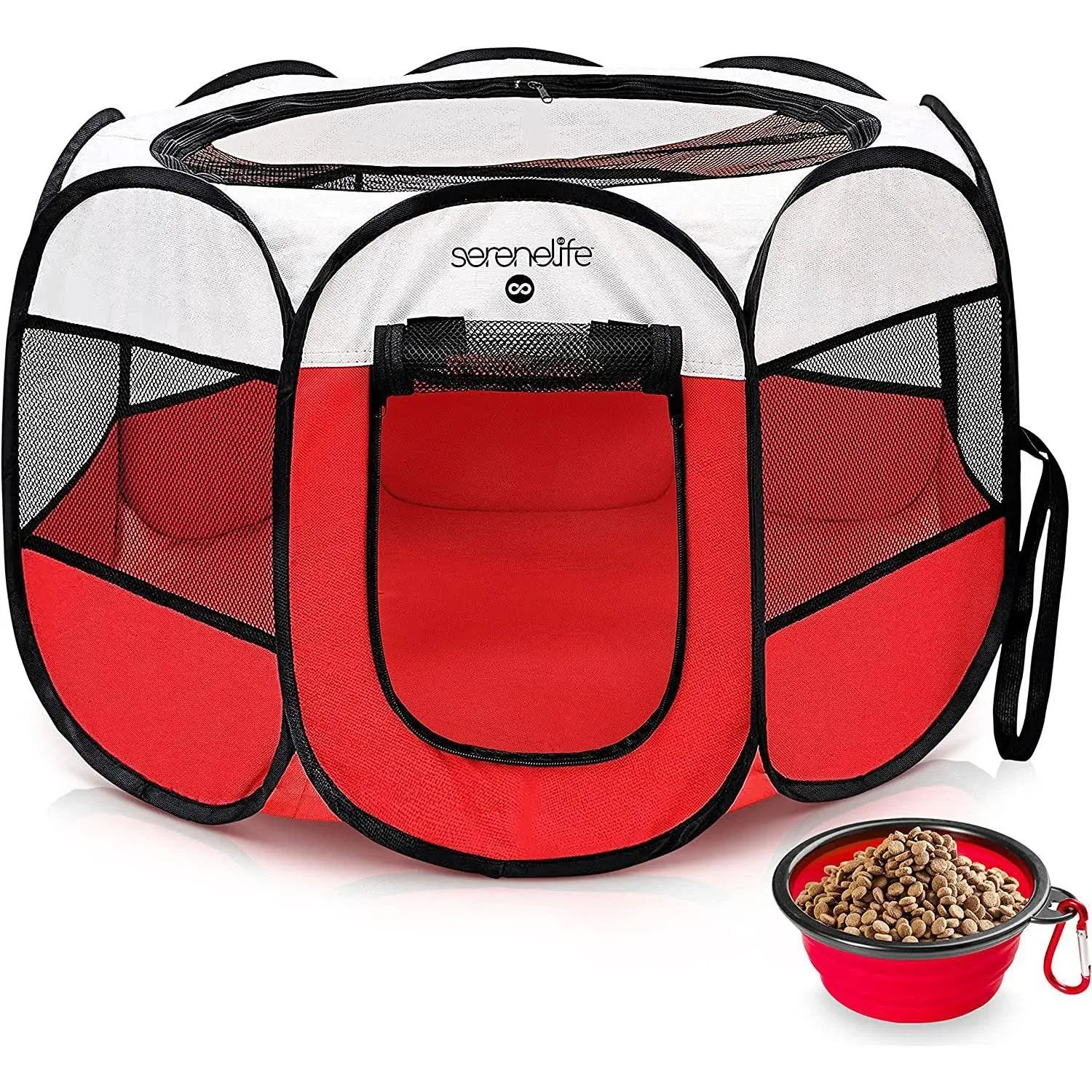 SereneLife On-The-Go Foldable Portable Pet Tent 8-Panel Playpen for Dog & Cat w/Food/Water Bowl, Mesh Exercise Puppy Playground, Pet House Indoor & Outdoor, Travel & Camping Pet Kennel (Red- Medium)