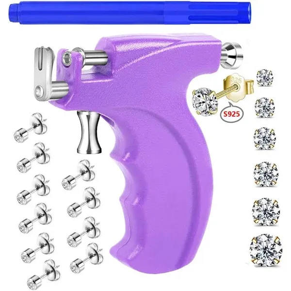 Professional Ear Piercing Gun Kit with 6 Pairs S925 Sterling Silver Earrings (18K Yellow Gold Plated)+10 Pairs 316L Surgical Stainless Steel Gun Stud Earrings