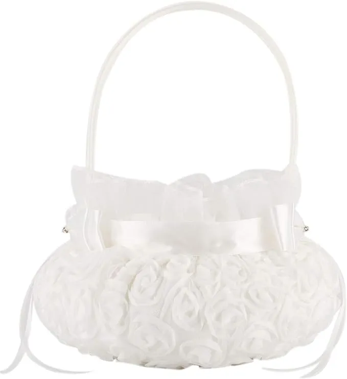 Bowknot Silk Cloth Wedding Ceremony Party Rose Flower Girl Basket (White) (White, 5 inches)