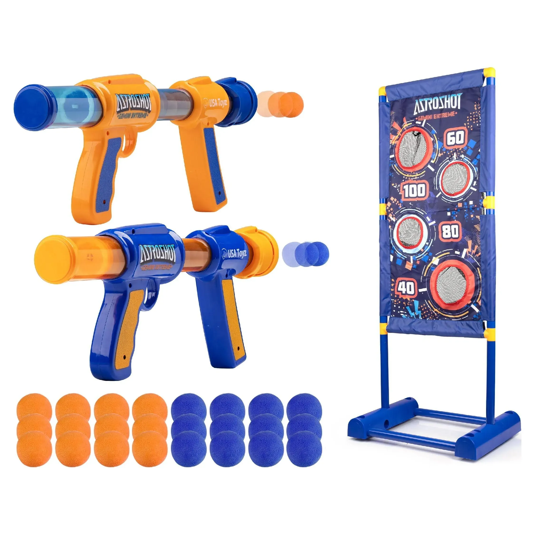 USA Toyz Astroshot Gemini Extreme Shooting Game for Kids 2 Pack Foam Ball Popper Air Guns and Moving Target Shooting Game Toy for Boys Girls 2 Guns 30 Balls Outdoor Compatible with Nerf Blue/Orange