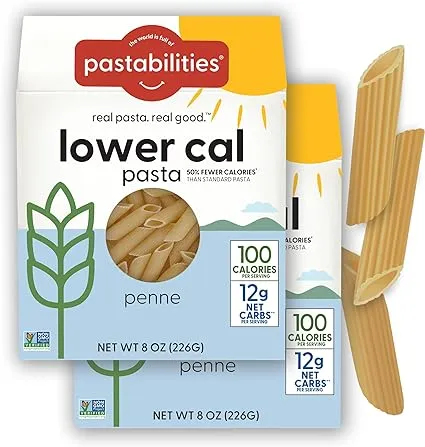 Pastabilities, Lower Calorie Pasta, Penne – 100 Calories per Serving, Low Net Carbs, Low Calorie, Non-GMO, High Fiber, Vegan, Plant-Based, Enhanced Nutrients, Delicious Taste & Texture (8 Ounce, 2 Pack)