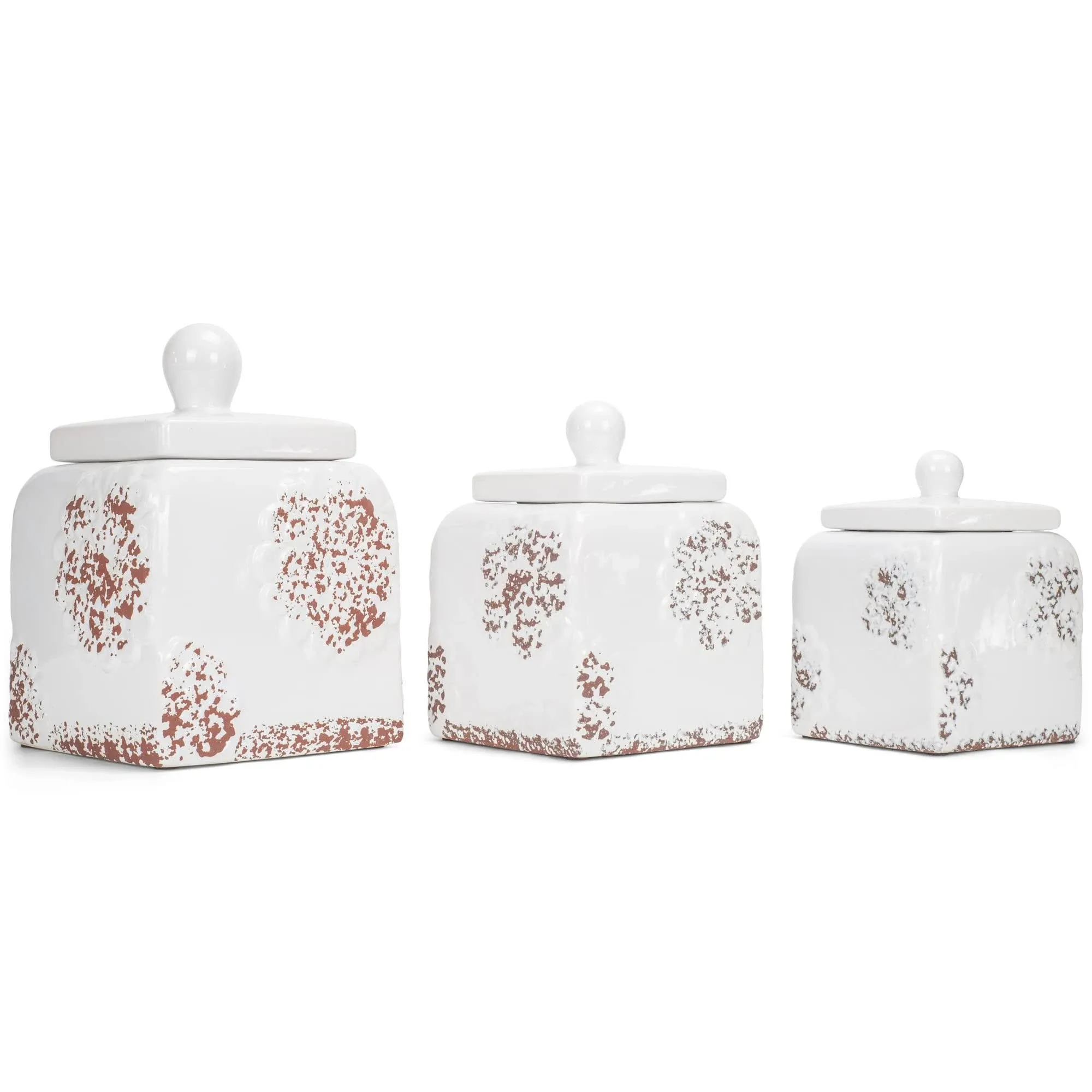 Floral White 10, 9, 8 inch Ceramic Food Storage Canisters Set of 3