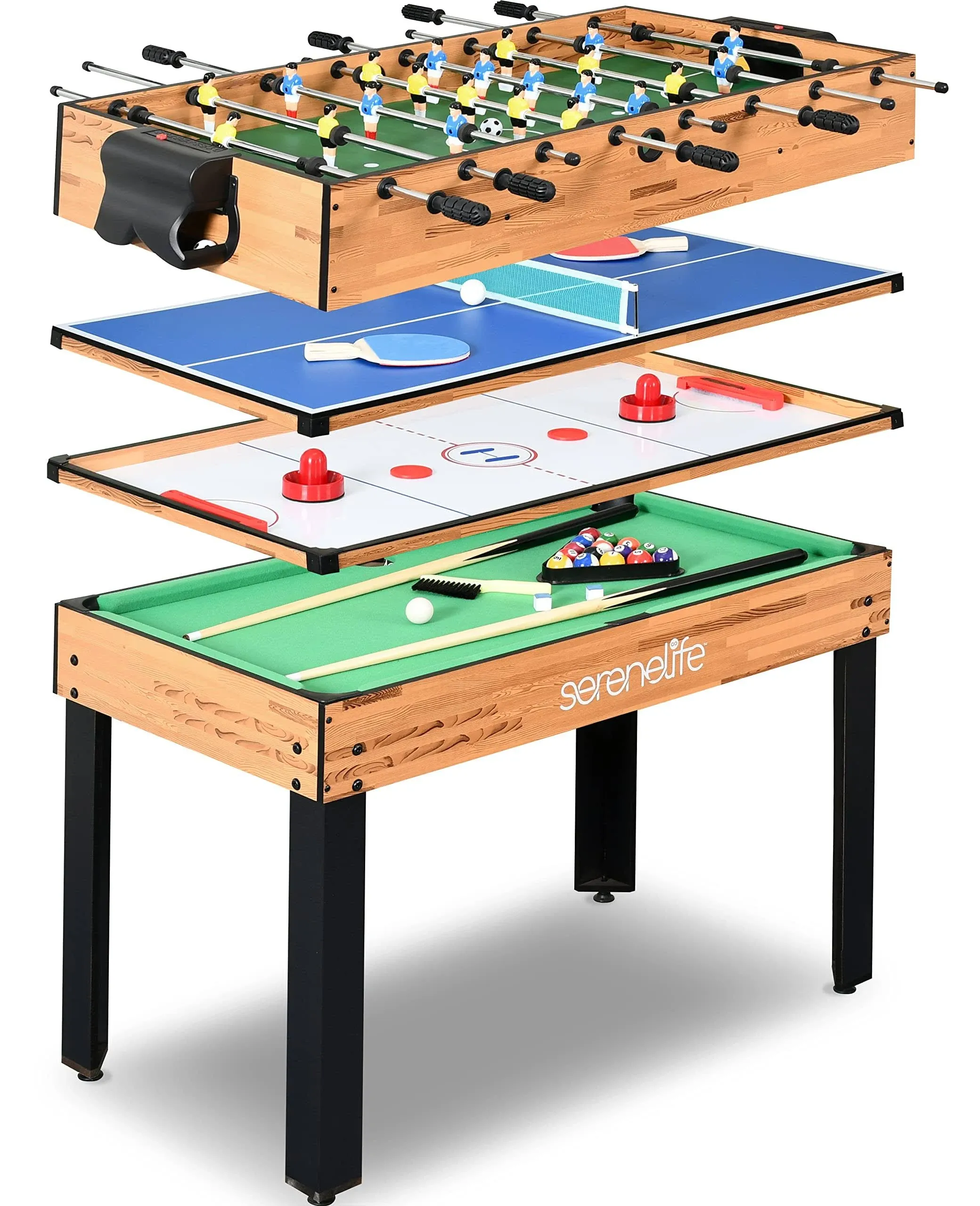 SereneLifeHome 4in1 Portable Multi Game Table 48 Sports Arcade Game with Accessories Ping Pong Air Hockey Pool Billiards Soccer Foosball All in One Fo