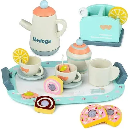 Wooden Tea Set for Little Girls Play Food Pretend Play Kitchen Accessories for 3 4 5 Years Old Girls and Boys Toddler Princess Tea Time Party Food Toys