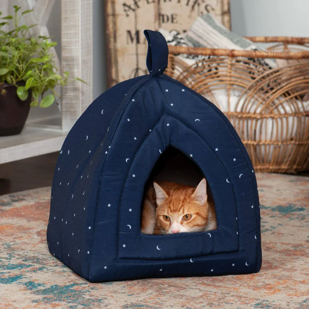 Furhaven Cat Bed Cave for Indoor Cats & Small Dogs, Washable & Foldable w/ Removable Cushion - Polycanvas Print Pet Tent - Night Sky, Small