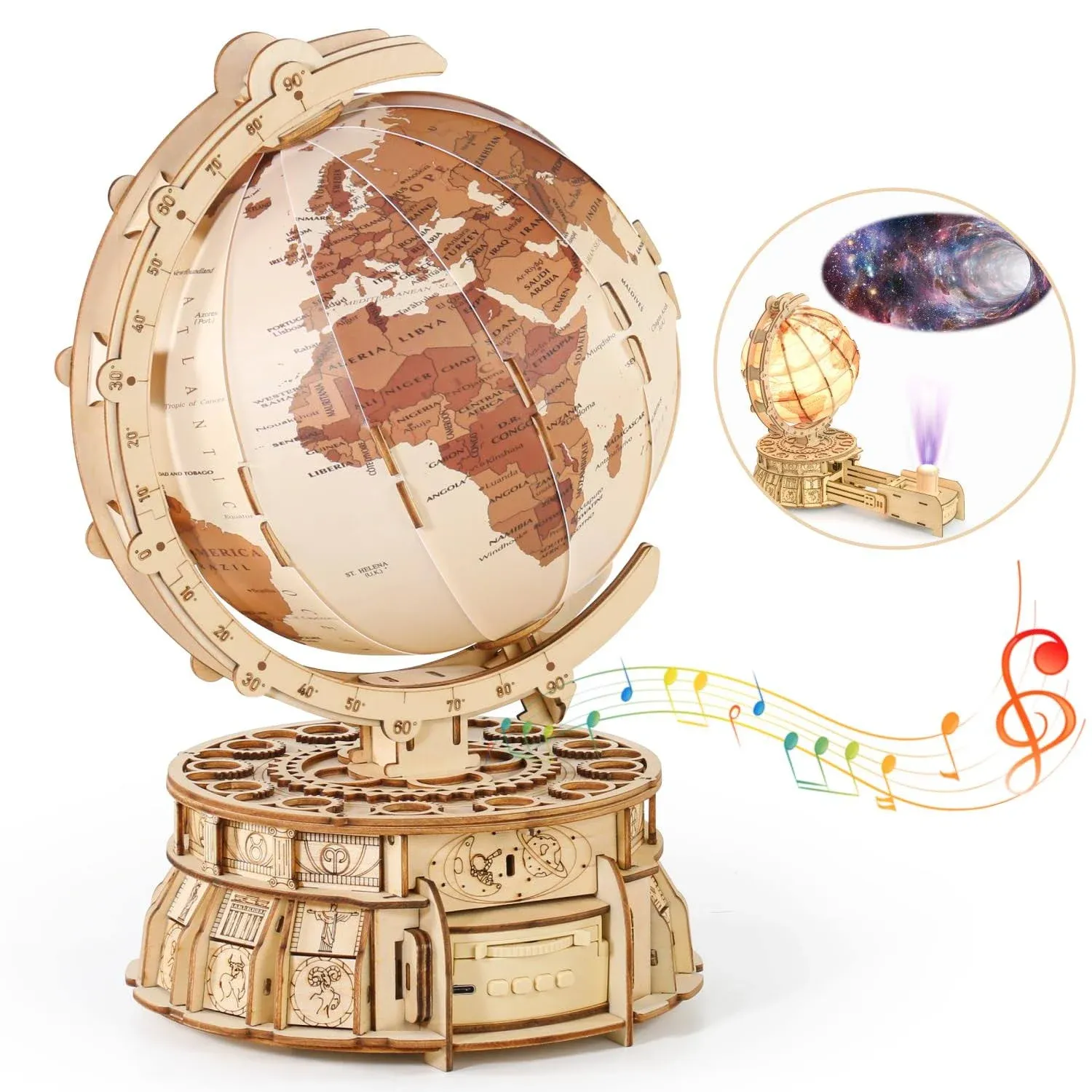 MIEBELY 3D Wooden Illuminated Globe Music Box with Space Projector - DIY LED Puzzle Kit for Adults