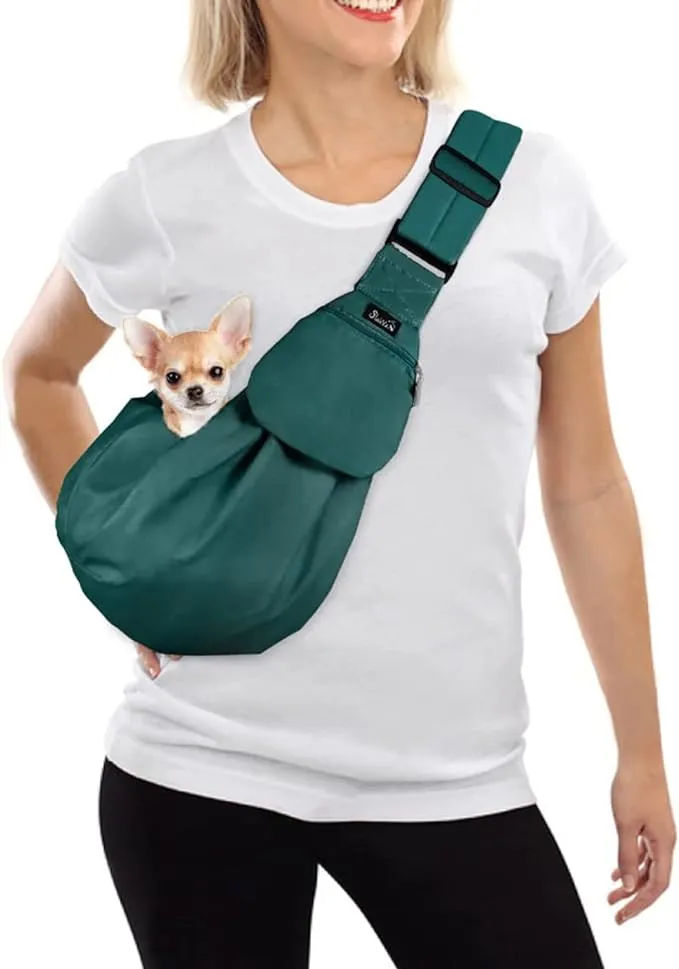 Lukovee Pet Sling, Hand Free Dog Sling Carrier Adjustable Padded Strap Tote Bag Breathable Cotton Shoulder Bag Front Pocket Safety Belt Carrying Small Dog Cat Puppy Machine Washable (Green, S)