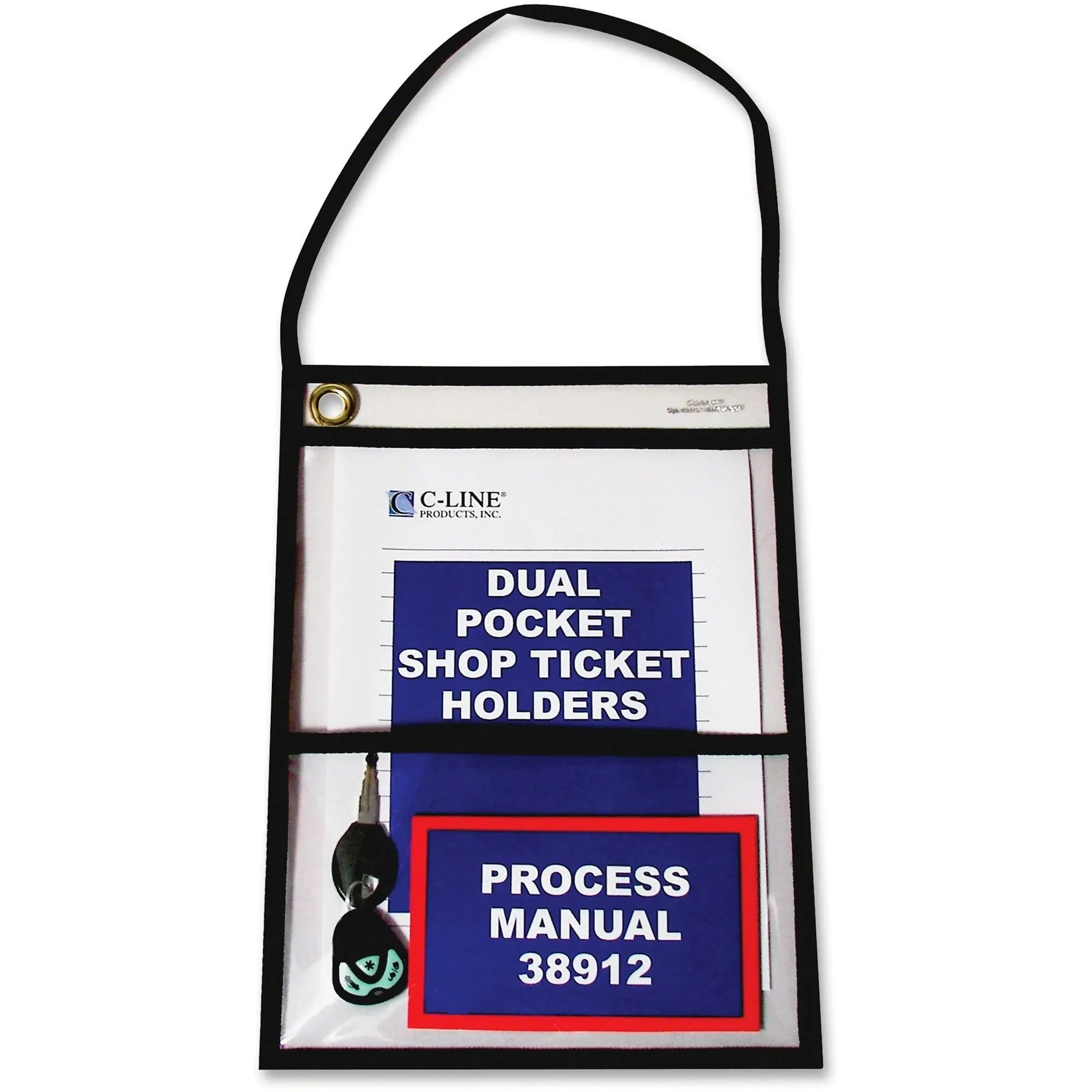 C-Line 38912 9" x 12" Double Sided Clear Stitched 2 Pocket Shop Ticket Holder with Strap / 150 Sheet Capacity - 15/Box