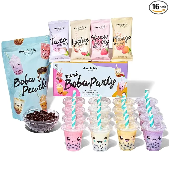 Thoughtfully Gourmet, Mini Boba Pearl Party Set, Makes 16 Tasting Portions of Bubble Tea, Includes 2 Flavors, Cups, Lids, Straws, & Cup Stickers