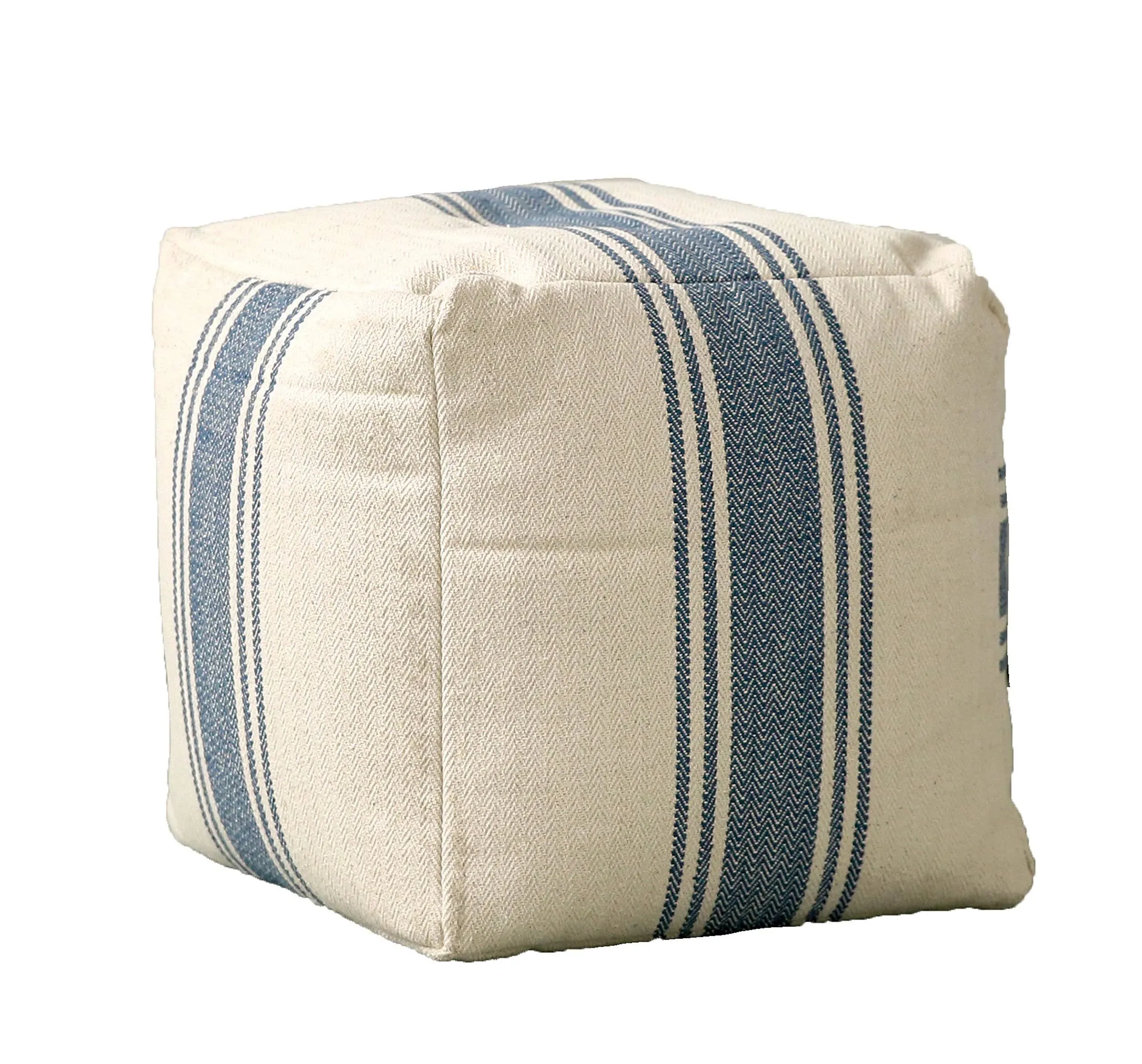 3R Studios Stripe Cotton Canvas Pouf, Blue/Cream