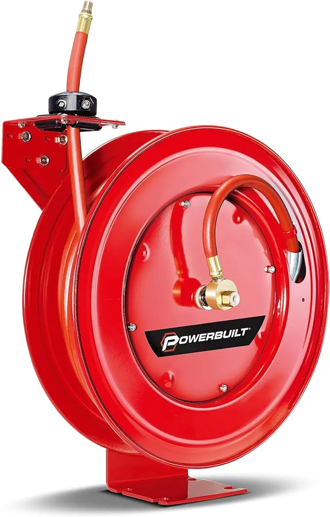 Powerbuilt Heavy Duty Auto Retracting Air Hose Reel with 3/8 Inch by 50 Foot