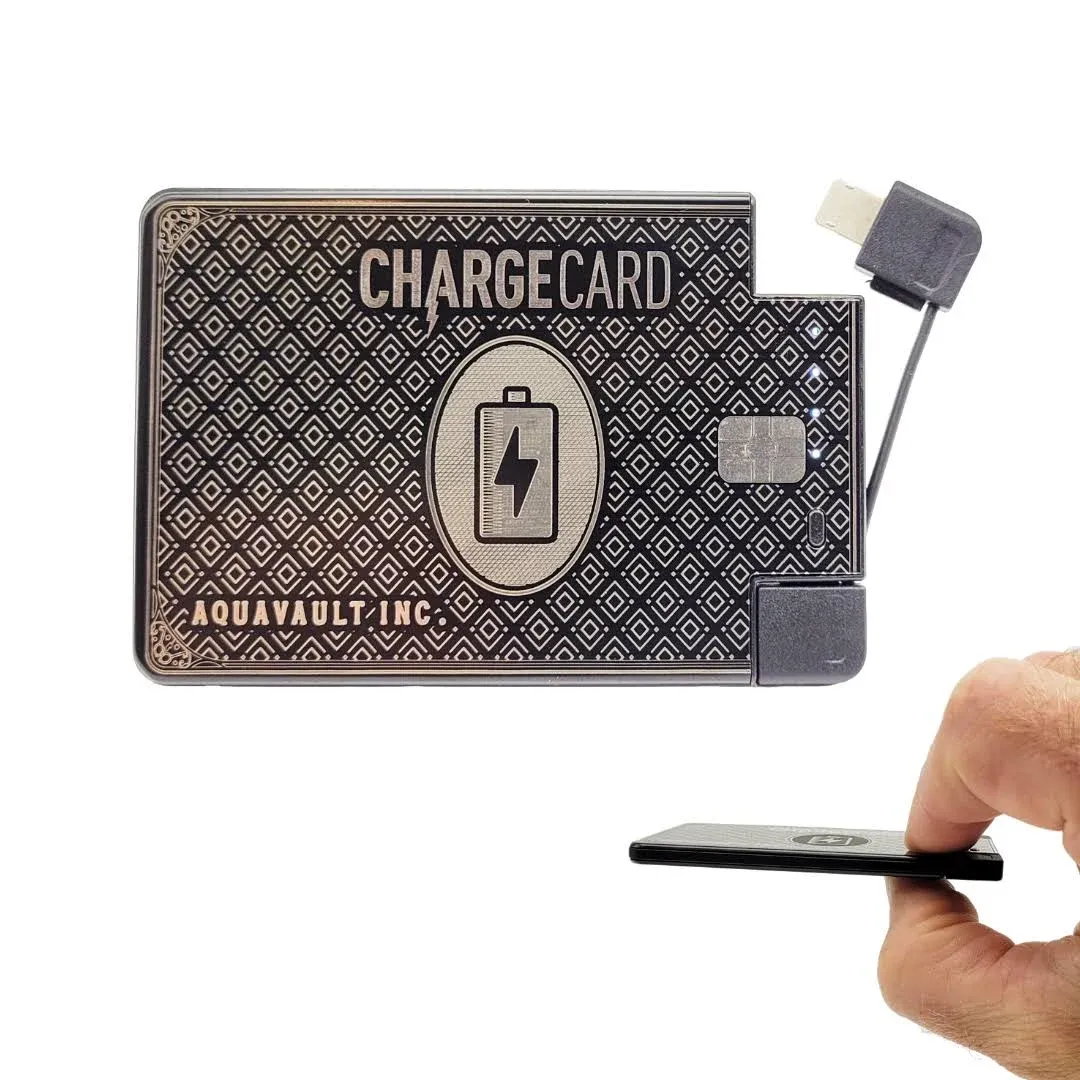 AquaVault ChargeCard Portable Phone Charger & Power Bank - Fast Charging and Compact – Interchangeable Cables (Lightning, USB-C, Micro USB) - Credit Card Sized Battery Pack (Black)