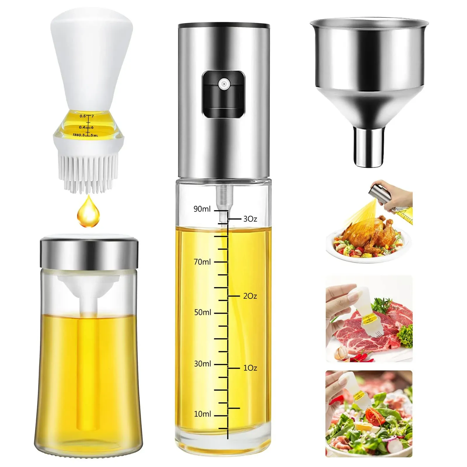 Olive Oil Sprayer and Dispenser with Silicone Brush for Cooking, Spray Bottle Set, Glass Dispenser, Mister, Salad, BBQ, Kitchen Baking, Roasting, Air Fryer, 2 Pack, (KP02)