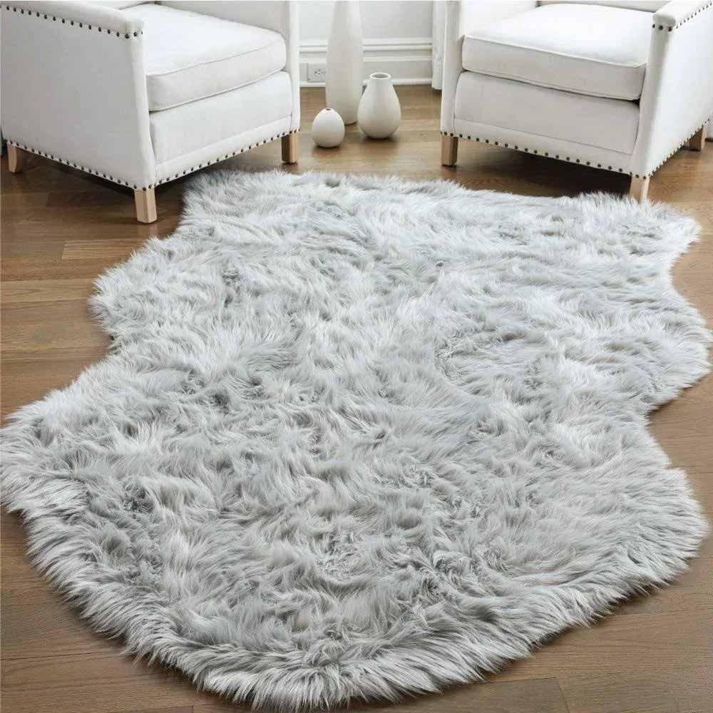 Gorilla Grip Fluffy Faux Fur Sheep Rug, Machine Washable Soft Furry Area Rugs, Rubber Backing, Plush Floor Carpets for Baby Nursery, Bedroom, Living Room Shag Carpet, Luxury Home Decor, 3x5, Gray