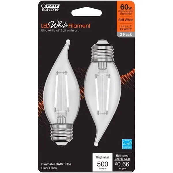 Feit BPEFC60927WFIL2 Filament LED Bulb BA10 E26 (Medium) Soft White 60 Watt Equivalence Clear