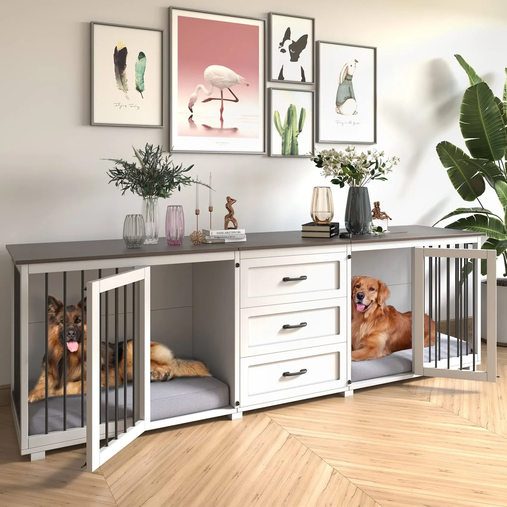 Dog Crate Furniture - Farmhouse Wooden Dog Kennel with 3 Drawer, Double Doors with Locks, 95”x23”x32”H, White