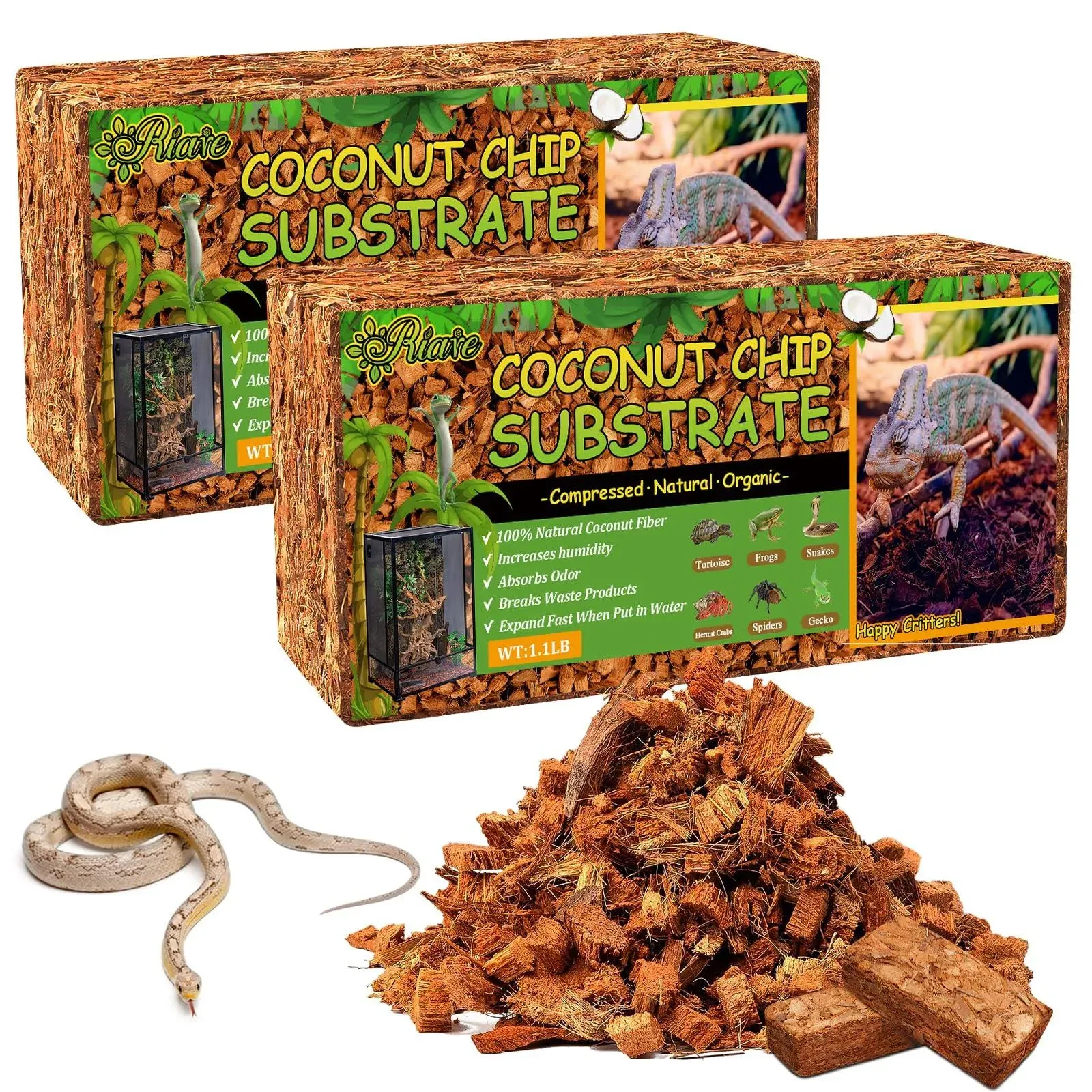 2 Pack Natural Coconut Chip Substrate for Reptiles- Compressed Coconut Husk R...