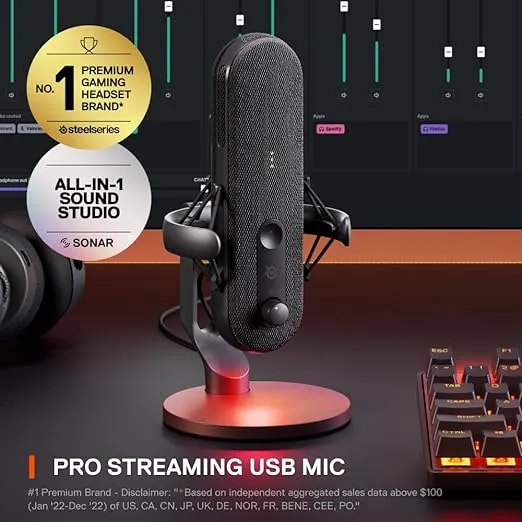 SteelSeries Alias USB Mic for PC — 3x Bigger Capsule for Gaming, Streaming and Podcasting — Sonar for Streamers Audio Software — AI Noise Cancelling — LED Mute & Level Monitoring — Shock Mount