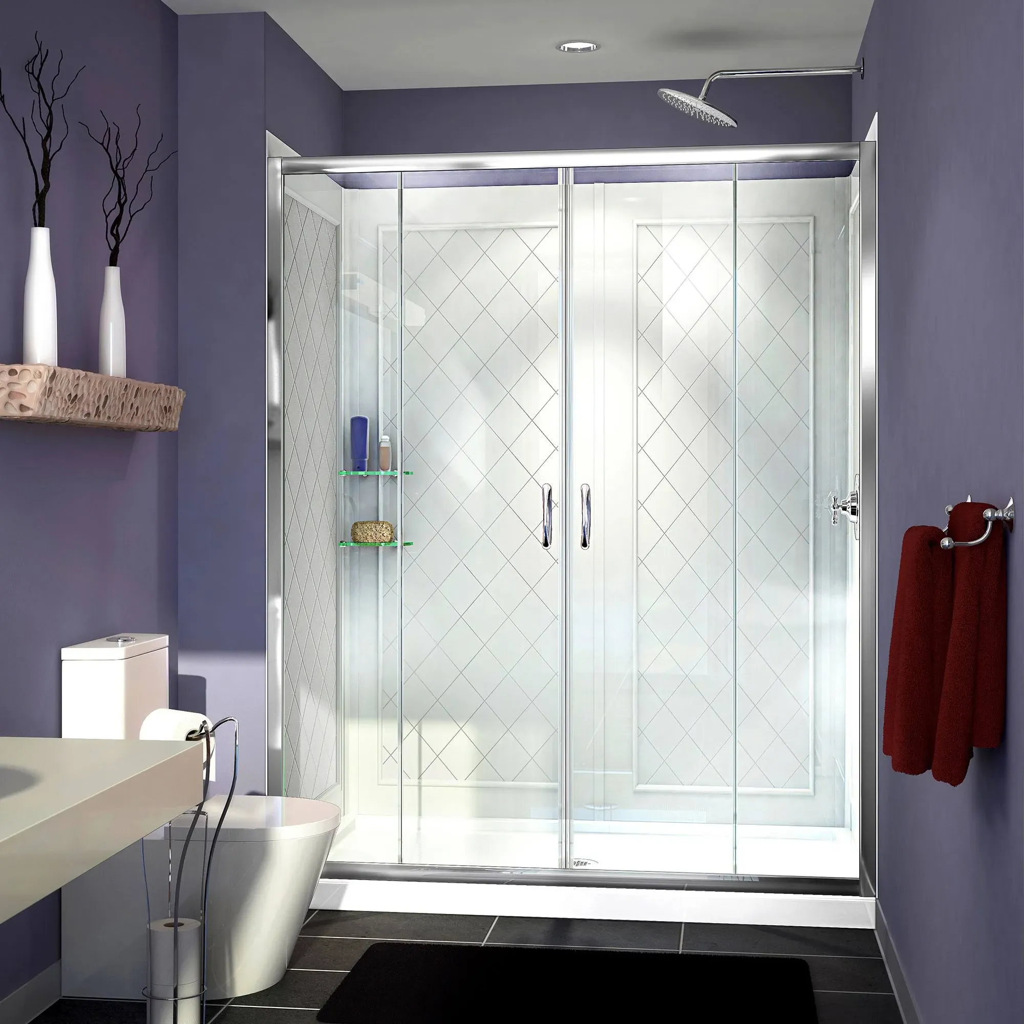 DreamLine Visions 36 in. D x 60 in. W x 76 3/4 in. H Sliding Shower Door in Chrome with Left Drain White BaseBackwalls