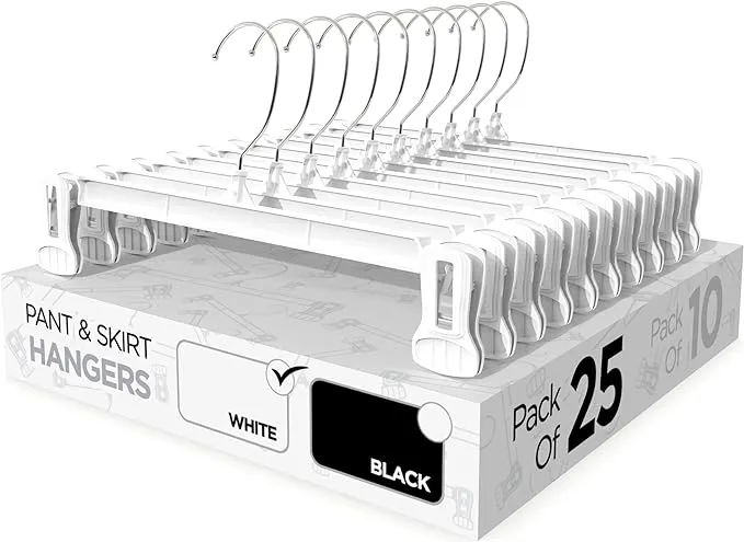 Sharpty Pant & Skirt Hangers - Closet Hangers for Shorts, Shirts, Jeans, Dresses, Slacks, Coats, Clothes, Clothing, Garments & More - Durable, Space Saving & Non-Slip, White - 25 Pack