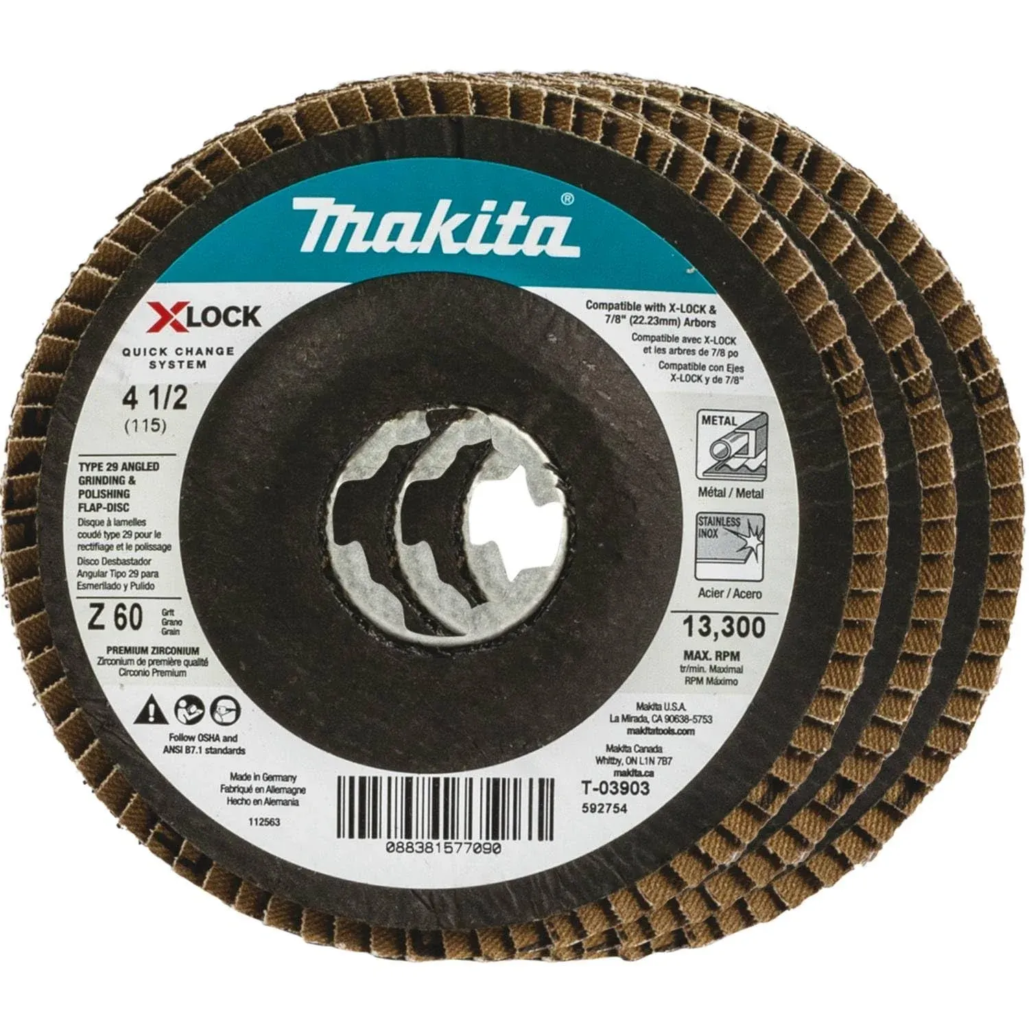 Makita T-03903-3 X-LOCK 4-1/2 inch Type 29 Angled Flap Disc, 60 Grit, 3/Pk