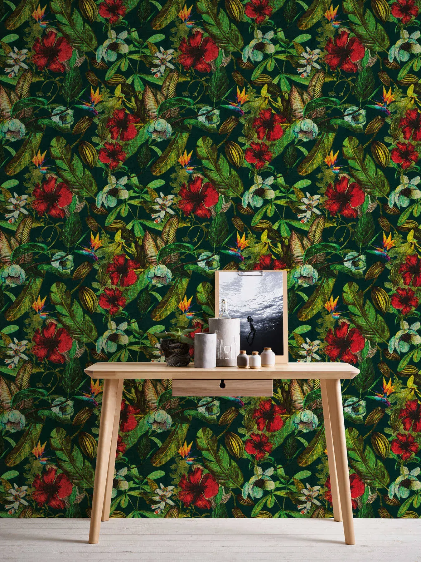 2979-37216-5 Kailano Flowers Botanical Vinyl Wallpaper Green Red Yellow White, 21 - Tropical - Wallpaper - by The Savvy Decorator LLC | Houzz