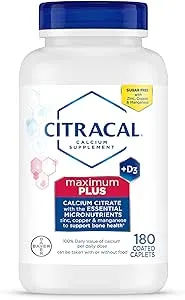 Citracal Maximum Plus，650 毫克柠檬酸钙，易于吸收且高度可溶，含 25 微克（1000 IU）维生素 D3，骨骼健康支持，适合 12 岁以上人群的钙补充剂，180 粒