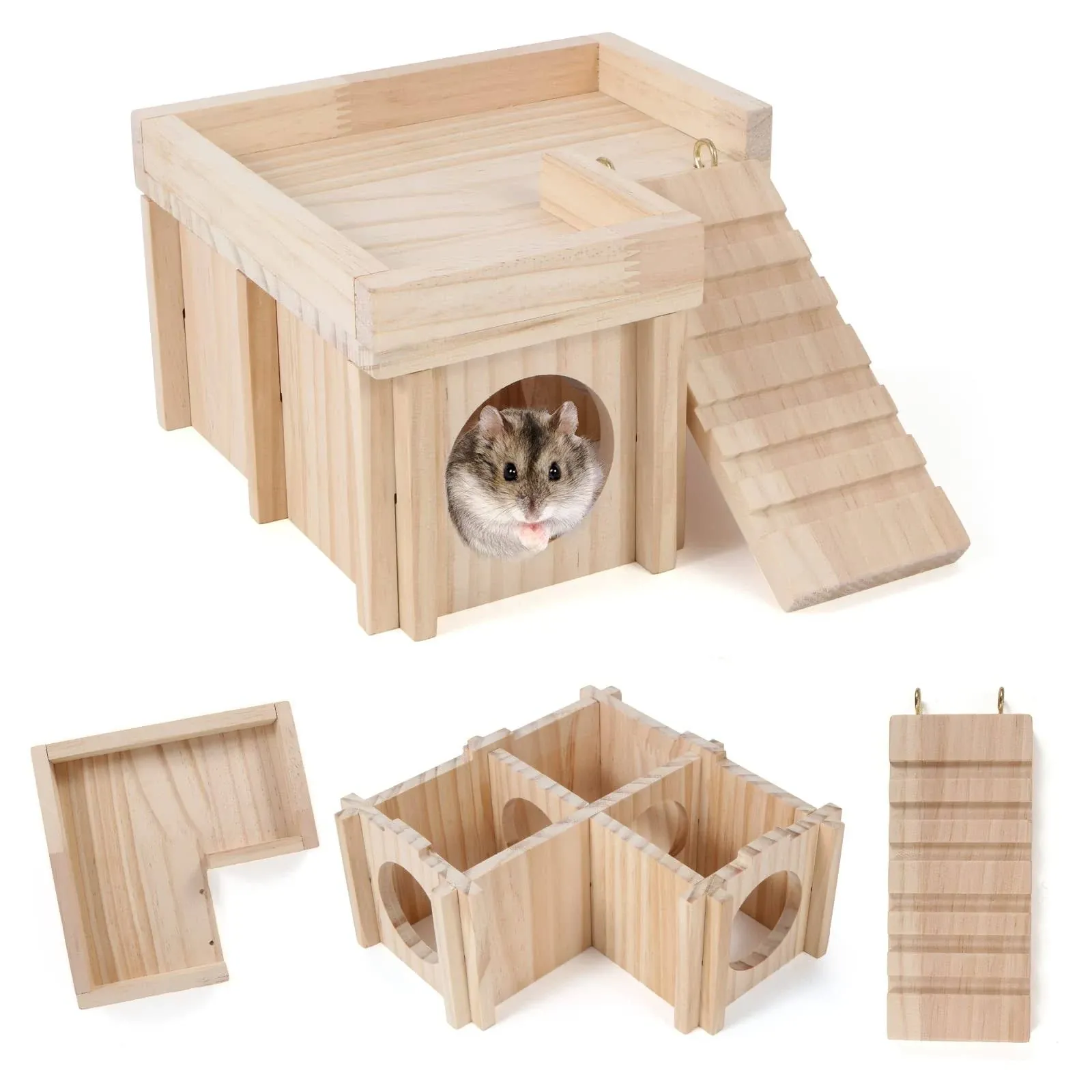 Hamster House and Hideout: Multi Chamber Wooden Hamster Tunnel Exploration Toy with Ladder, Cage Accessories for Hamster Rat Gerbils Lemmings.