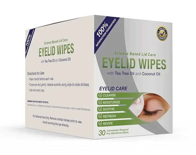 Premium Eyelid Wipes With Tea Tree and Coconut Oil - Cleansing Wipes for People Itchy Eyes - Box Of 30 Natural Eye Wipes