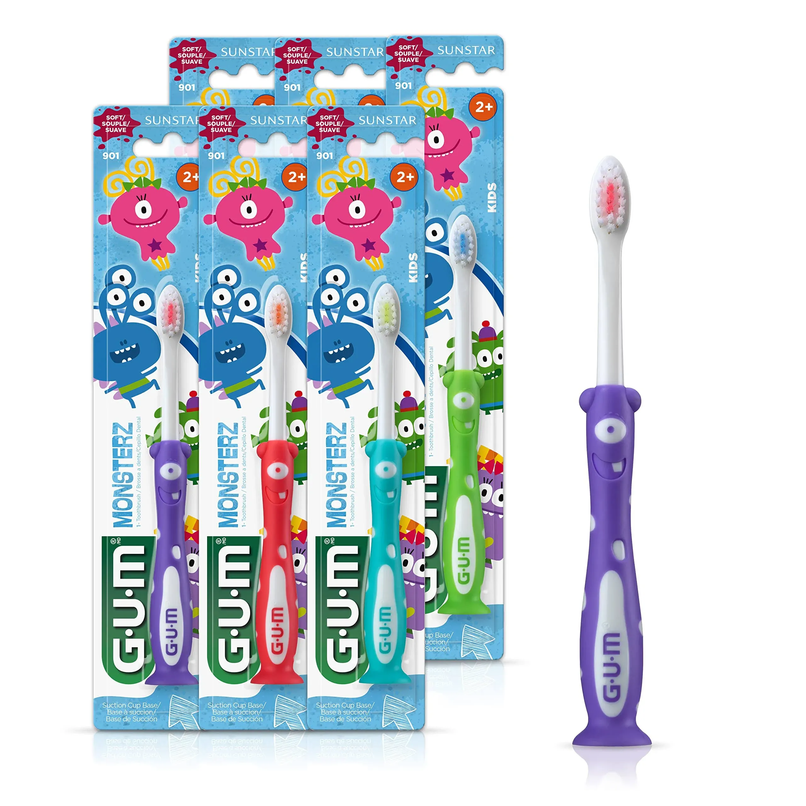 GUM Monsterz Kids and Toddler Toothbrush, Soft, Ages 2+, 1 Count (Pack of 6)