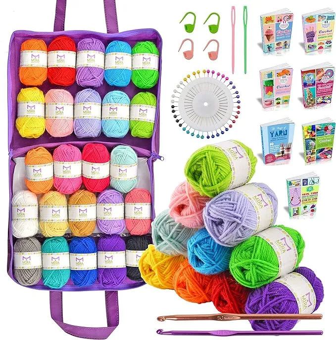 Crochet Kit for Beginners | 24 Skeins of Colorful Acrylic Yarn for Crocheting an