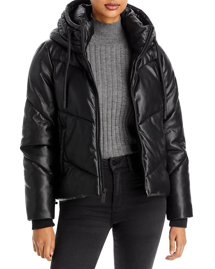 Andrew Marc sport black faux leather cropped puffer coat, size small NWT