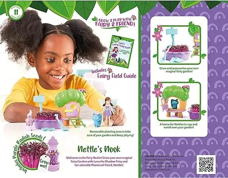 Nettles’ Nook Mini Terrarium- Tiny Garden with Shadow Fairy & Cat Doll - Grow Your Own Mini Garden Kit - Educational Playset with Soil, Seeds & Fairy Field Guide for Kids Aged 4 and Up