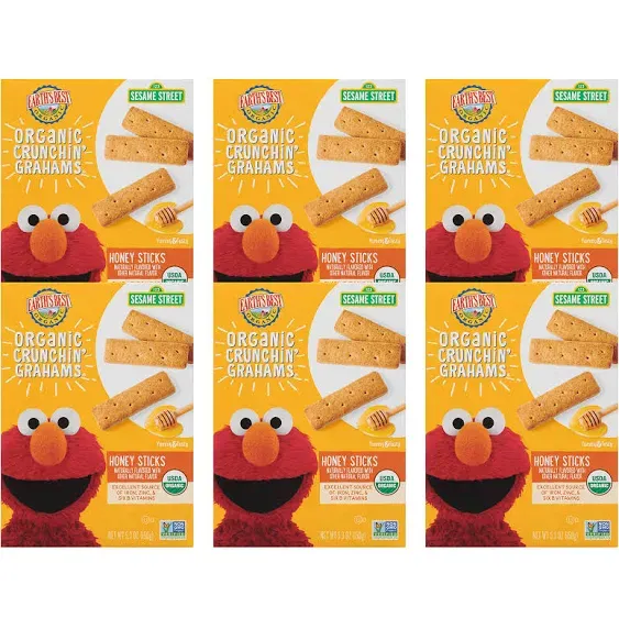 Earth's Best Organic Kids Snacks, Sesame Street Toddler Snacks, Organic Crunchin' Grahams for Toddlers 2 Years and Older, Honey Sticks with other Natural Flavors, 5.3 oz Box (Pack of 6)