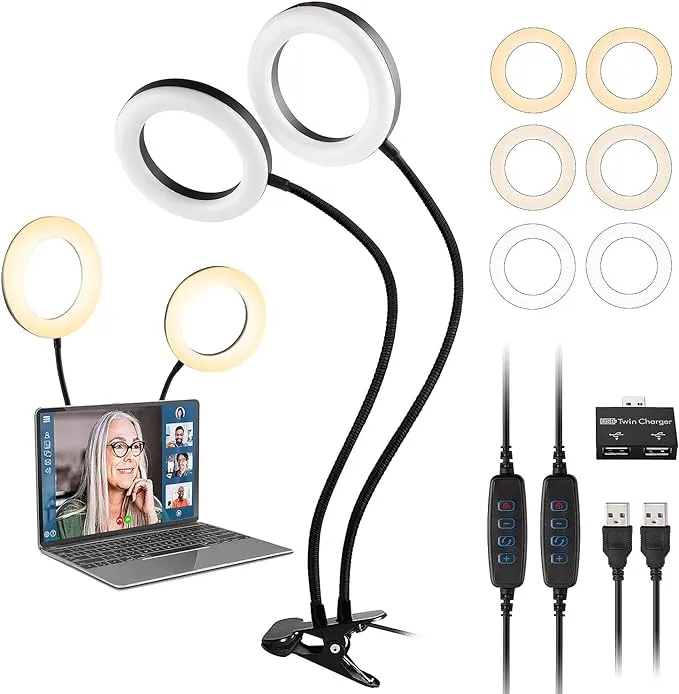 Dual Ring Light for Laptop Computer 6 inch Desk Circle Light with Flexible Arm