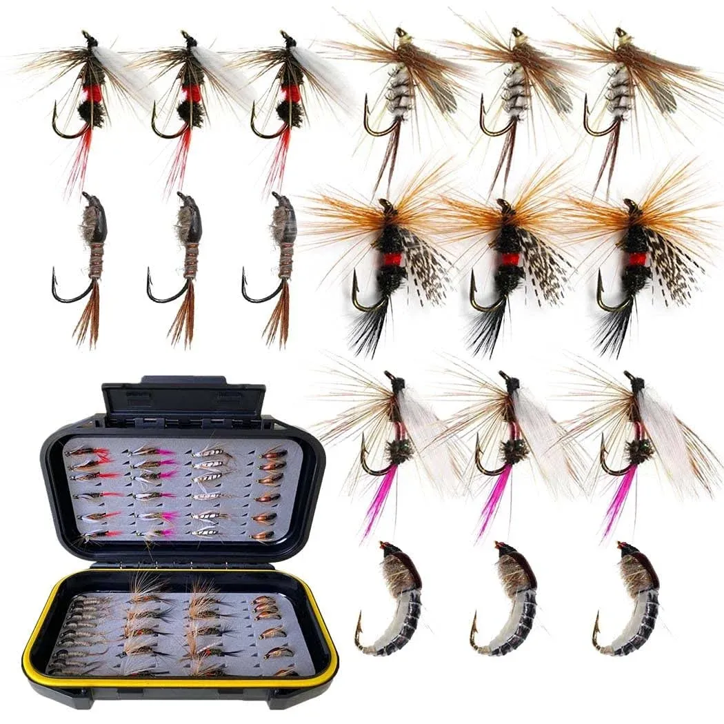 Fly Fishing Flies Kit, 50/114Pcs Handmade Fly Fishing Gear with Dry/Wet Flies, Streamers, Fly Assortment Trout Bass Fishing with Fly Box (50Pcs/Set-6 Mixed Styles)