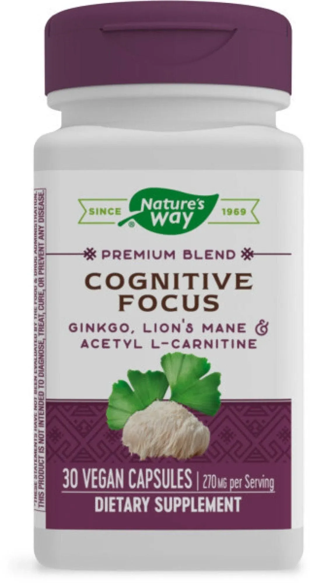 Nature's Way Premium Blend Cognitive Focus with Gingko, Lion's Mane & Acetyl L-Carnitine, Supports Memory and Concentration*, 30 Capsules