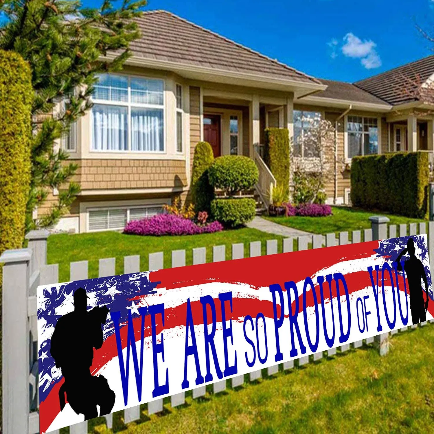 American Flag Patriotic Soldier We are So Proud of You Banner,Patriotic Theme Veterans Day 4th of July Memorial Day Deployment Returning Back Military Army Homecoming Party Decoration (Proud)