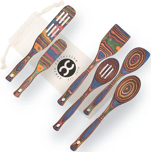 Exotic Pakkawood 6-Piece Kitchen Utensil Set with 12-in Spoon, 12-in Slotted Spoon, 12-in Spatula, 12-in Corner Spoon, 13-in Large Spurtle, 9-in Small Spurtle - by Crate Collective (Rainbow)