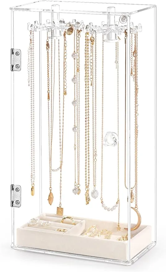 Acrylic Necklace Holder, Clear Necklace Organizer with 24 Hooks, Dustproof Rotation Jewelry Storage Holder Stand, Long Necklaces Pendant Bracelets Display Case for Dresser Bathroom Vanity Countertop