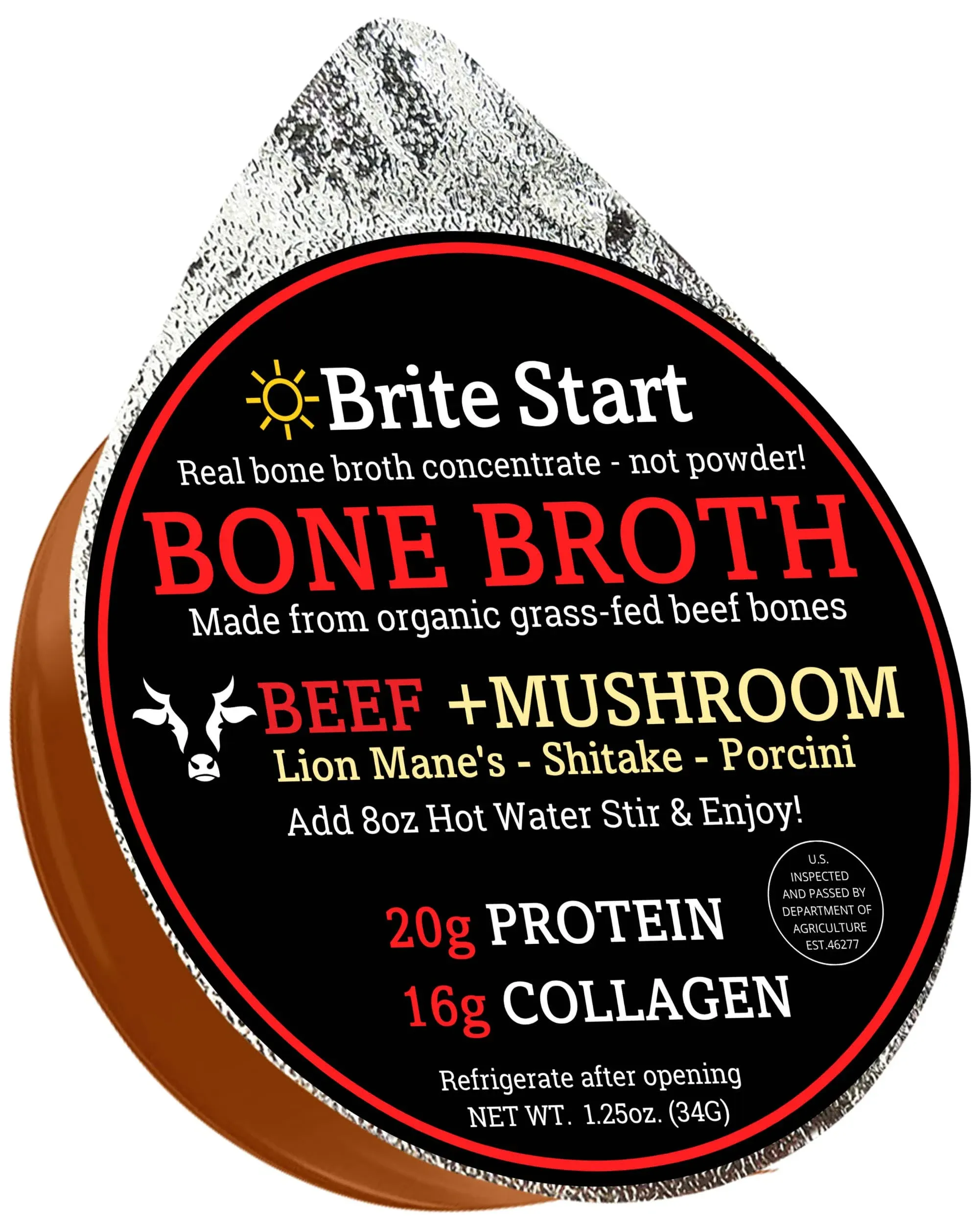 Brite Start Bone Broth - Beef Bone Broth - 4 Count - Keto Friendly Concentrate Packed with 16g Collagen, 20g Paleo Protein -Made from Organic Grass