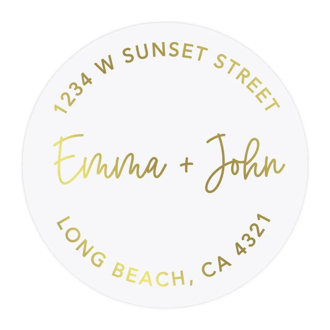 Andaz Press 2" Round Clear Personalized Wedding Return Address Labels with Gold Ink, Custom Names & Last Name Vinyl Envelope Tab Sealer Self-Adhesive Mailing Stickers for Wedding Invitations, 40-Pack