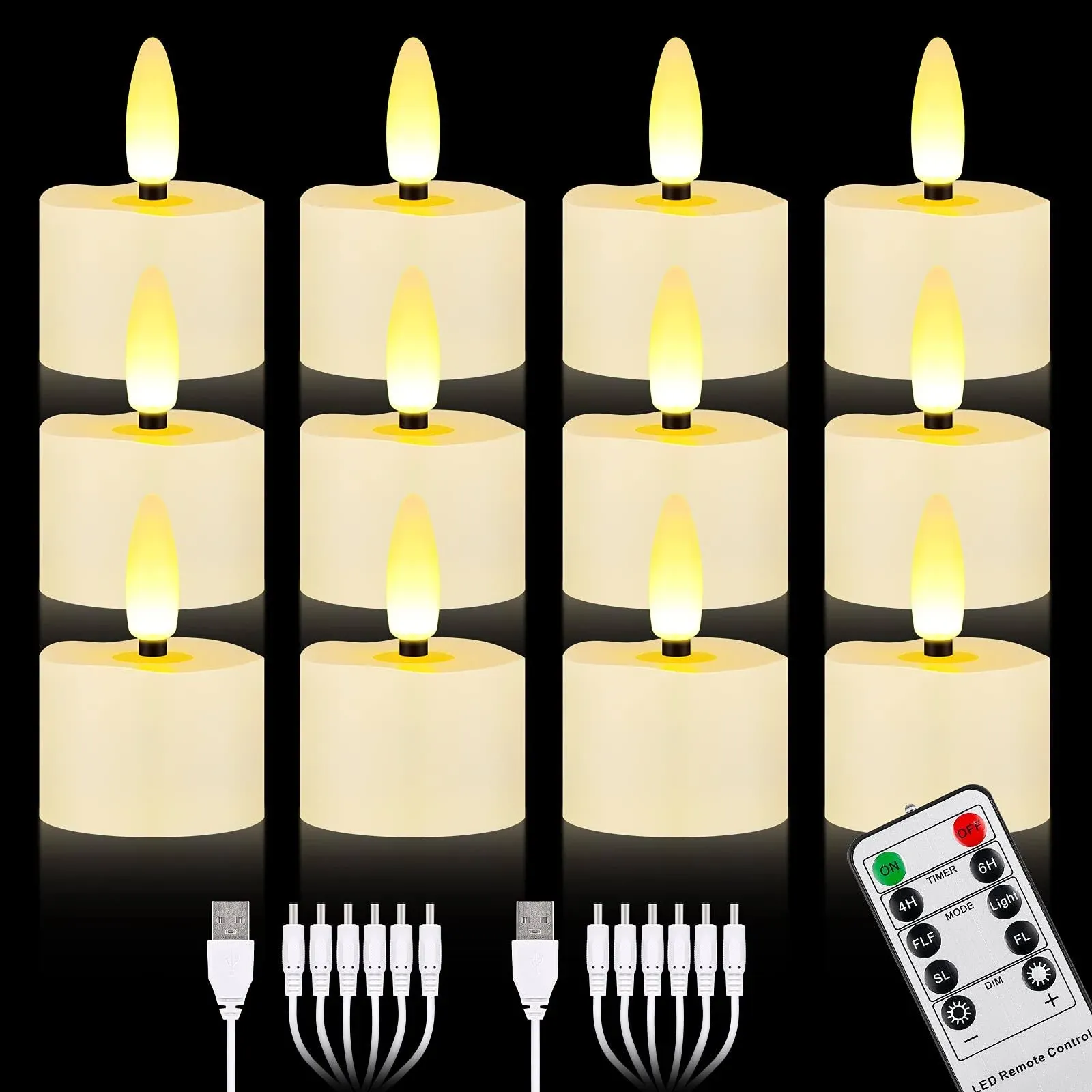 Daord USB Rechargeable 3D Wicks Tealights Candle Flameless Flickering Battery Operated with Remote Control & Timer Realistic Led Tea Lights for Halloween Christmas Home Decor (12 PCS,Rechargeable)